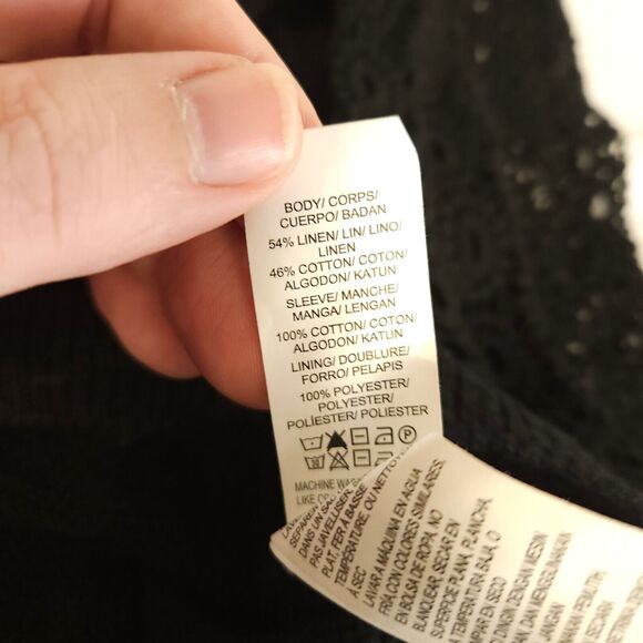 Lucky Brand Womens Large Black 3/4 Lace Sleeve Crew Neck Linen Blend Sweater - Picture 4 of 9